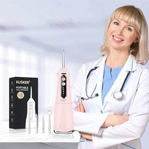 Water Dental Flosser Cordless, KUSKER 500ML Portable Oral Irrigator for Teeth, 5 Modes and 4 Jet Tips, IPX7 Waterproof, Rechargeable for 30-Days Use, Home, Travel, Braces(Warm Pink)