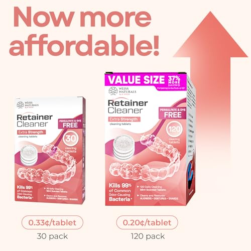 Weiss Naturals Retainer Cleaner Tablets, Invisalign Cleaner, Remove Stains, Odors & Plaque, FSA & HSA Eligible, Night Guard Cleaners PERSULFATE & DYE-FREE 4-Month Supply, Denture Cleaners 120 Tablets