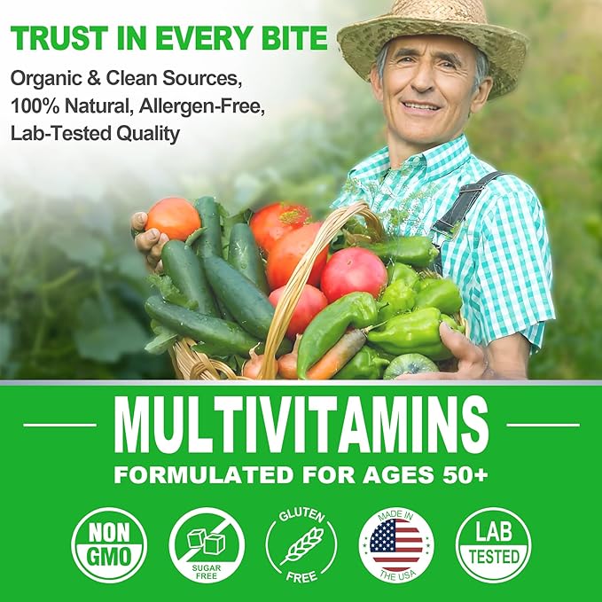Multivitamin For Men 50 + Plus, Sugar Free Men Multivitamins Gummies w/Omega-3, Coq10, D3k2, Calcium, Magnesium, Zinc, Vitamins A, C & E, Mens Vitamins for π§πΎβ€π±π, Antioxidant, Brain, Bone, 60cts