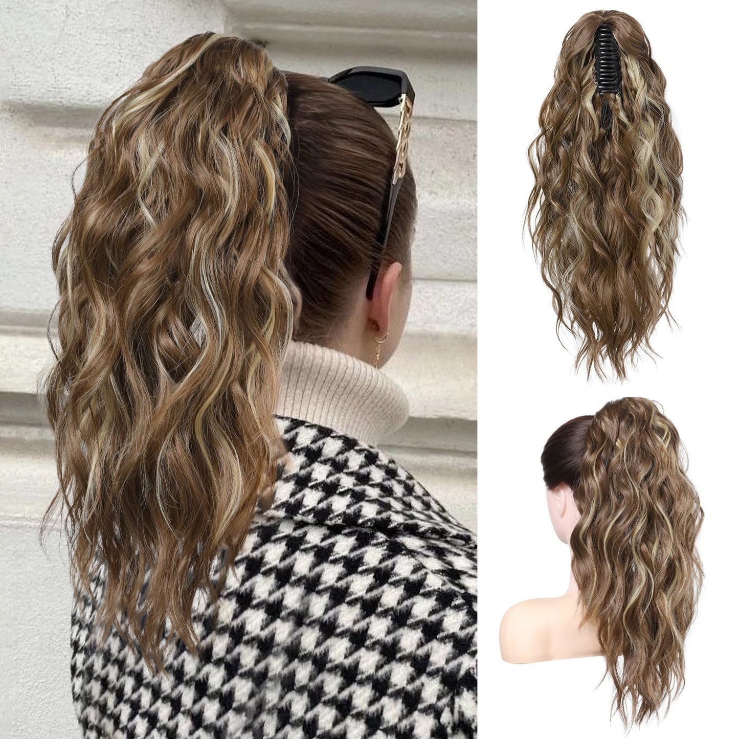 FLUFYMOOZ Ponytail Extension, 18 Inch Claw Clip Ponytail Extension, Wavy Curly Claw Clip in Ponytail Hair Extensions, Natural Fake Ponytail Synthetic Hairpiece for Women (Cool Brown with Blonde Highlights)