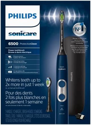 Philips Sonicare ProtectiveClean 6500 Rechargeable Electric Toothbrush, with Pressure Sensor, 3 Cleaning Modes, SmarTimer and QuadPacer, 14-Day Battery Life, Charging Travel Case, Navy Blue, HX6462/07