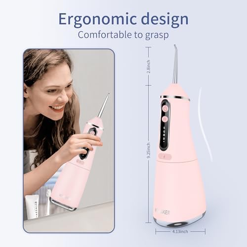Water Dental Flosser Cordless, KUSKER 500ML Portable Oral Irrigator for Teeth, 5 Modes and 4 Jet Tips, IPX7 Waterproof, Rechargeable for 30-Days Use, Home, Travel, Braces(Warm Pink)