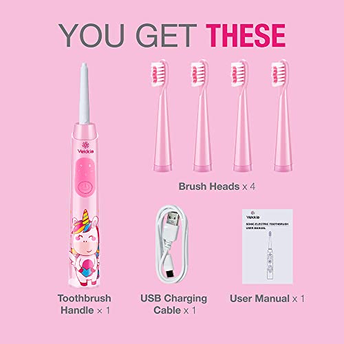 Vekkia Sonic Rechargeable Kids Electric Toothbrush, 3 Modes with Memory, Fun & Easy Cleaning, 24000 Strokes, IPX7 Waterproof, 2-Min Timer for Age 5+, 4 Soft Bristles(Pink)
