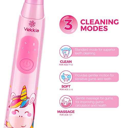 Vekkia Sonic Rechargeable Kids Electric Toothbrush, 3 Modes with Memory, Fun & Easy Cleaning, 24000 Strokes, IPX7 Waterproof, 2-Min Timer for Age 5+, 4 Soft Bristles(Pink)
