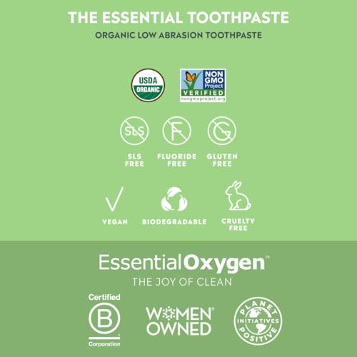 Essential Oxygen BR Certified Organic Toothpaste, for Whiter Teeth, Fresher Breath, Happier Gums, Tooth Sensitivity, Peppermint, 4 Ounce (Pack of 2)