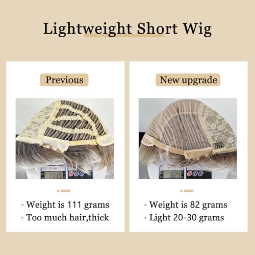 TISHINING Layered Short Blonde Pixie Wigs for White Women Dark Brown Ombre Blonde Pixie Cut Wig with Bangs Synthetic Natural Looking Daily Party Wig