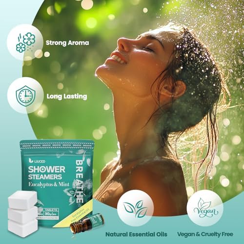 Shower Steamers Aromatherapy - 14 Pack Eucalyptus & Mint Shower Bombs and 5ml Natural Eucalyptus Essential Oils, Nasal Relief, Birthday Gifts for Women, Self Care Stress Relief Gifts for Mom Wife Her