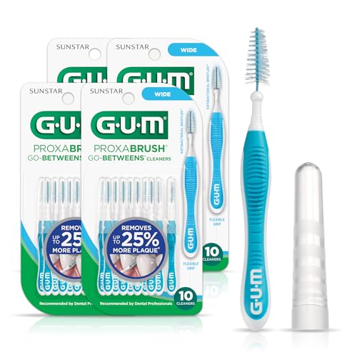 GUM Proxabrush Go-Betweens - Wide - Interdental Brushes - Soft Bristled Dental Picks for Plaque Removal Health - Safe for Braces & Dental Devices, 10 Count (Pack of 4)