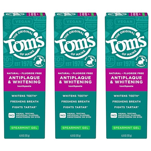 Tom's of Maine Antiplaque and Whitening Fluoride Free Natural Toothpaste Gel, Vegan, Spearmint, 4 Ounces (3 Pack)