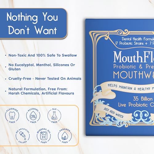 Probiotic & Prebiotic Mouthwash | Dental Health Formulation | 17 Probiotic Strains + 7 Prebiotics | 35 Billion CFUs | Concentrated Powder Formulation | 30 Pack