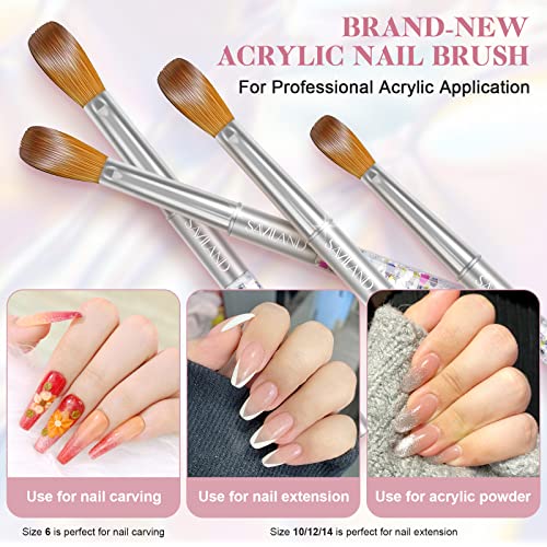 SAVILAND Kolinsky Acrylic Nail Brush Set: Size 6,10,12,14 Professional Nail Brushes with Silver Handle for Acrylic Powder Application Extensions & 3D Carving Home Salon Manicure DIY Nail Art Tools