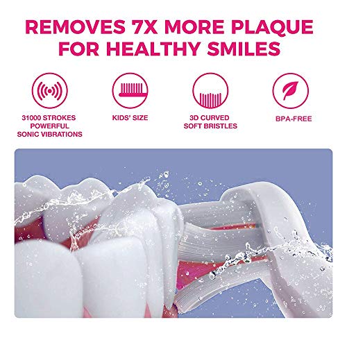 Vekkia Sonic Rechargeable Kids Electric Toothbrush, 3 Modes with Memory, Fun & Easy Cleaning, 24000 Strokes, IPX7 Waterproof, 2-Min Timer for Age 5+, 4 Soft Bristles(Pink)