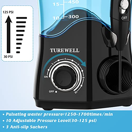 TUREWELL Water Dental Flosser for Teeth/Braces, Water Teeth Cleaner 8 Jet Tips and 10 Pressure Levels, 600ML Large Water Tank Oral Irrigator for Family(Black)