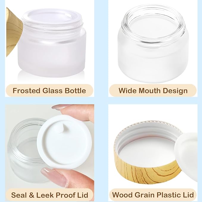 1/2 oz Glass Jars with Lids 4Pcs Frosted Glass Lip Balm Containers Cosmetic Containers Empty Sample Jars for Lotion Cream Lip Balm Eyeshadow, with Spatulas, Stickers