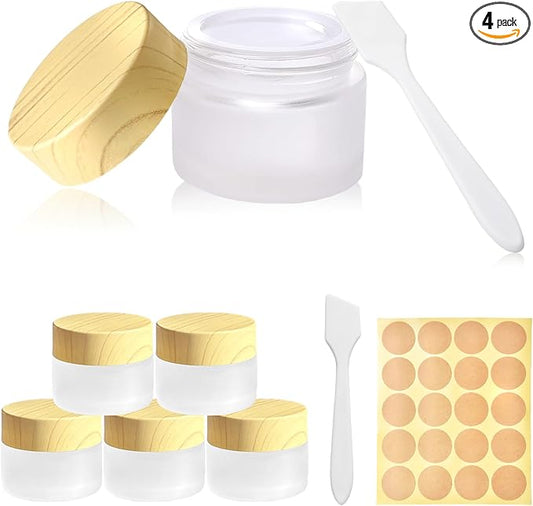 1/2 oz Glass Jars with Lids 4Pcs Frosted Glass Lip Balm Containers Cosmetic Containers Empty Sample Jars for Lotion Cream Lip Balm Eyeshadow, with Spatulas, Stickers
