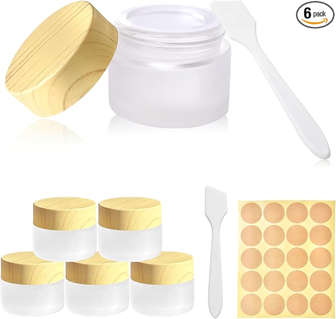 1/2 oz Glass Jars with Lids 6Pcs Frosted Glass Lip Balm Containers Cosmetic Containers Cream Box for Lotion Cream Lip Balm Eyeshadow, Spatulas,Stickers