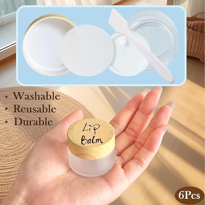 1/2 oz Glass Jars with Lids 6Pcs Frosted Glass Lip Balm Containers Cosmetic Containers Cream Box for Lotion Cream Lip Balm Eyeshadow, Spatulas,Stickers