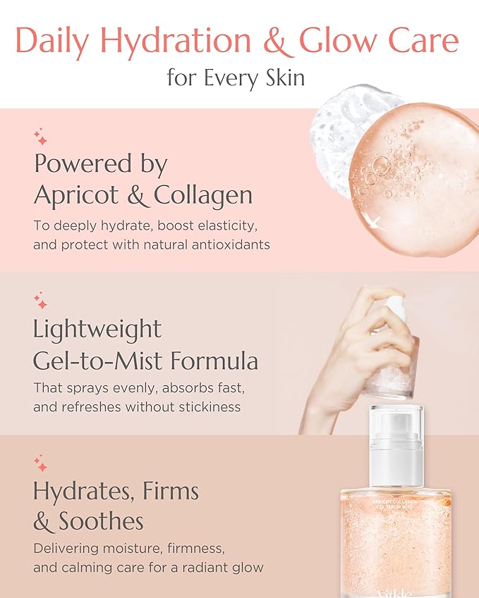 Apricot Collagen Gel Serum Mist - Korean Face Moisturizer French Patented with 8-Layer Hyaluronic Acid, Bakuchiol, Adenosine for Hydration Glow Firming Anti-Aging Spray, 6.76 fl.oz.