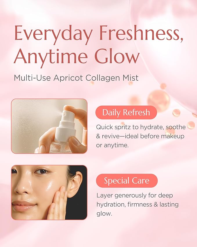 Apricot Collagen Gel Serum Mist - Korean Face Moisturizer French Patented with 8-Layer Hyaluronic Acid, Bakuchiol, Adenosine for Hydration Glow Firming Anti-Aging Spray, 6.76 fl.oz.