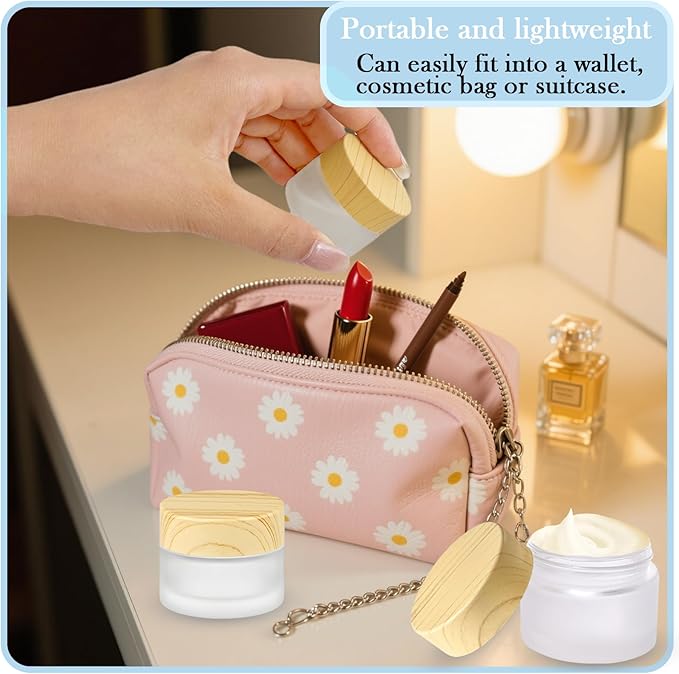 1/2 oz Glass Jars with Lids 4Pcs Frosted Glass Lip Balm Containers Cosmetic Containers Empty Sample Jars for Lotion Cream Lip Balm Eyeshadow, with Spatulas, Stickers
