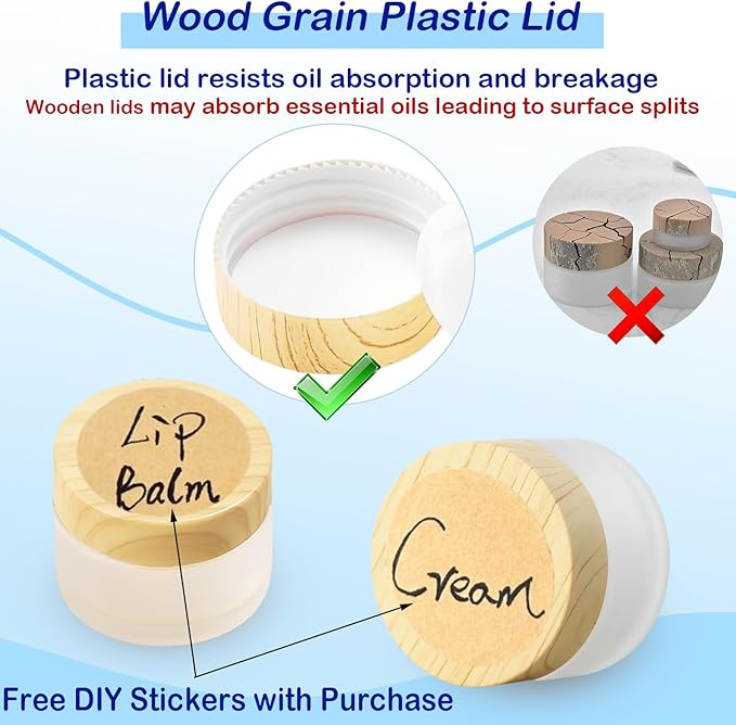 1/2 oz Glass Jars with Lids 6Pcs Frosted Glass Lip Balm Containers Cosmetic Containers Cream Box for Lotion Cream Lip Balm Eyeshadow, Spatulas,Stickers
