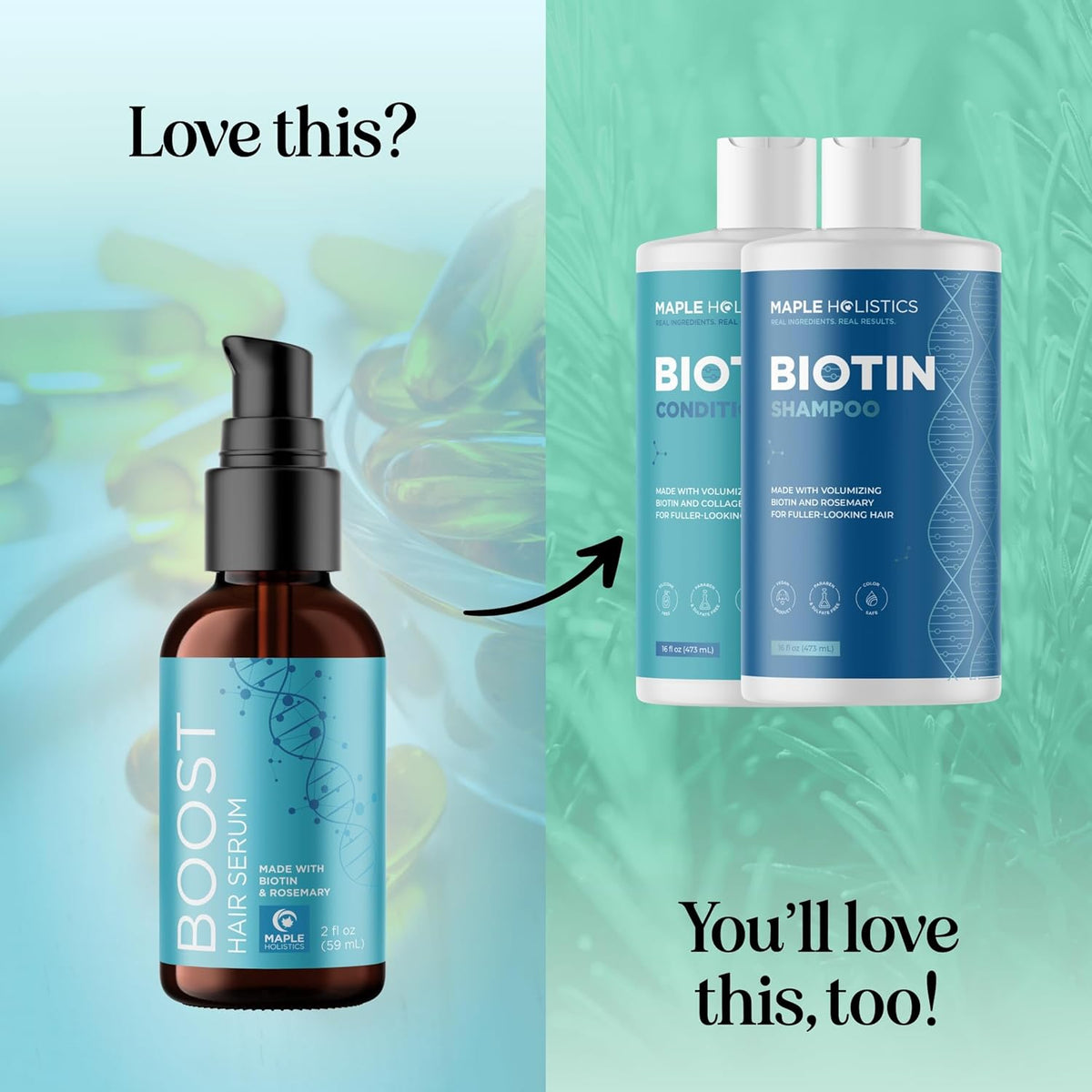 Volumizing Biotin Hair Serum for Men & Women - Caffeine Serum for Hair and Scalp Care with Peppermint Black Castor & Rosemary Oil for Enhanced Volume Shine & Hydration - Vegan & Cruelty Free (2 Fl Oz)