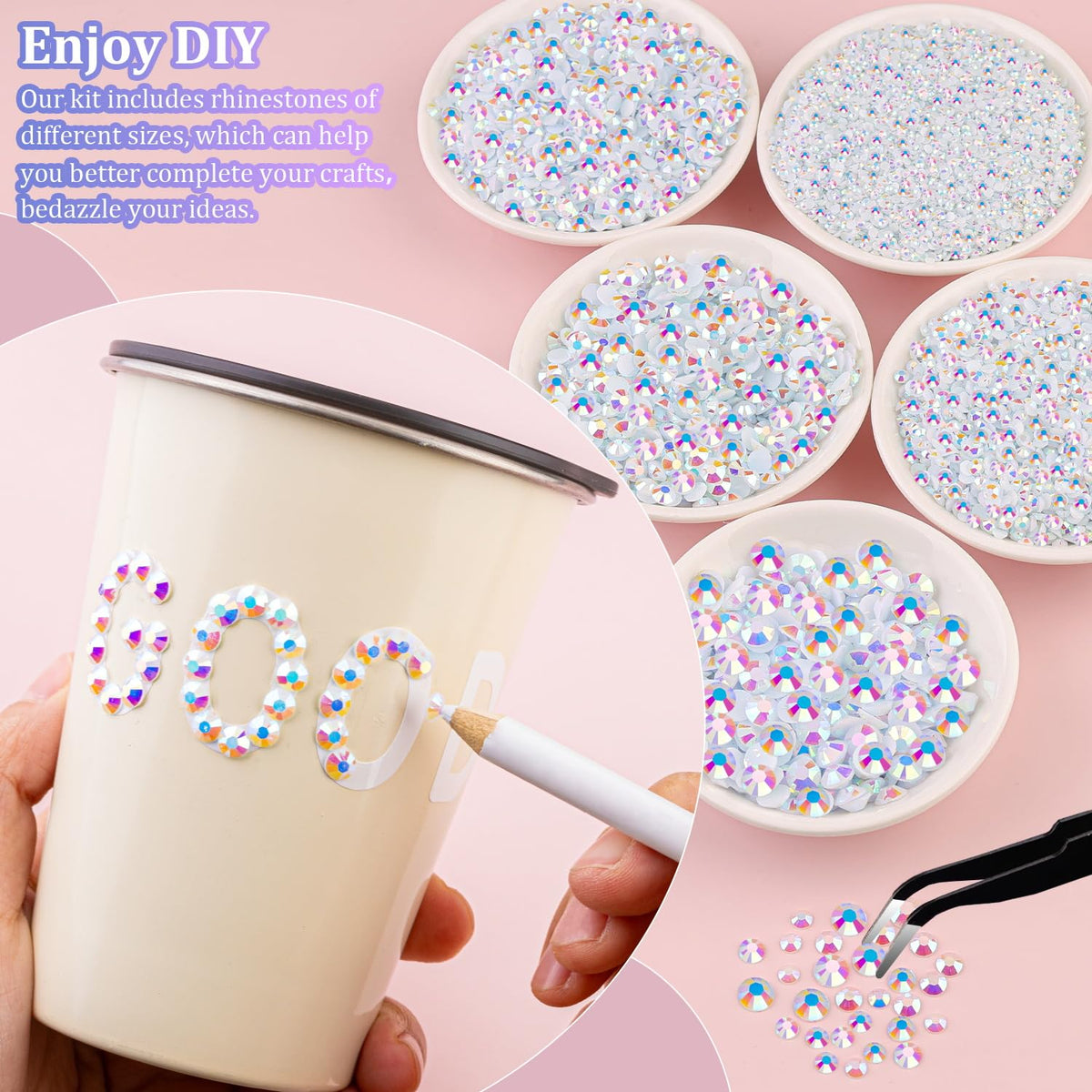 30000Pcs Resin Rhinestones for Bedazzling with Tweezers, White AB Rhinestones for Crafting with B7000 Jewelry Glue for DIY Crafts Clothing Tumblers Shoes Fabric Nail Art