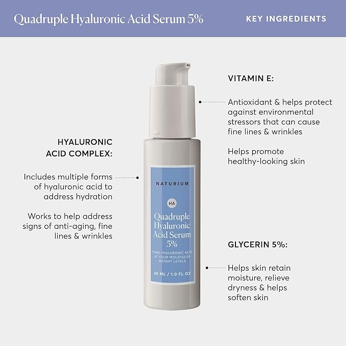 Naturium Quadruple Hyaluronic Acid Serum 5%, Hydrating & Plumping Face Serum, Anti-Aging & Moisturizing Skin Care, Fragrance-Free, 1 oz