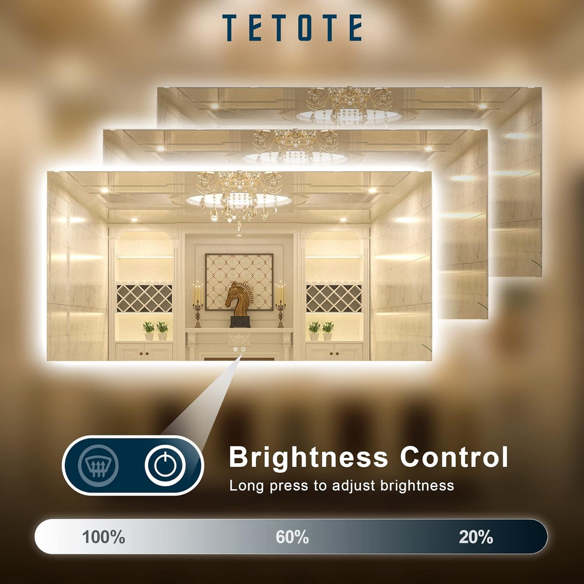 TETOTE 72 x 36 Inch LED Backlit Bathroom Mirror with Lights,3Color White/Warm/Natural,Anti-Fog Lighted Mirror,Dimmable,Vanity Mirror,Wall Mounted