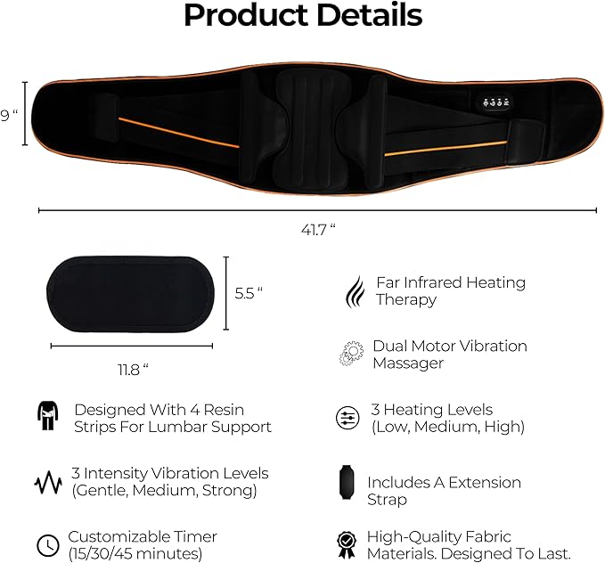 FlexiHeat Massaging Heating Belt/Pad with Graphene, 3 Intensity Modes, 3 Levels of Far Infrared Heating Therapy, Portable, for Lower Back Pain, Cramps, Etc. Flexible & Fully Adjustable