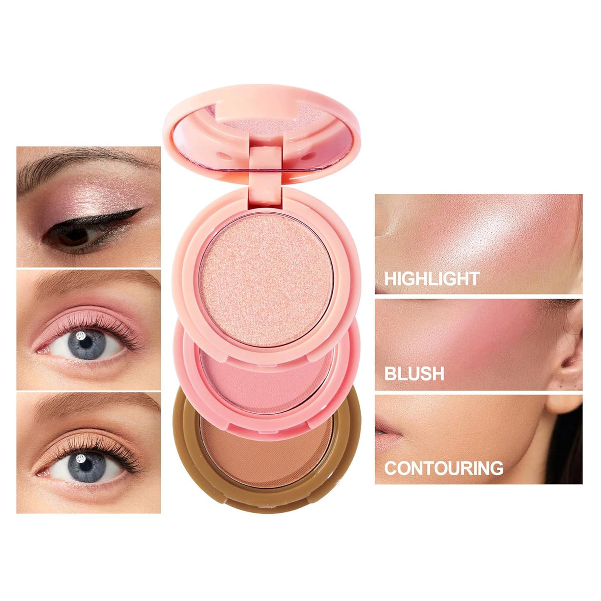 Makeup Eyeshadow Palettes, 3-in-1 Protable Multifunction Blush Highlighter Contour Palettes with 3 Trend Colors for Daily Natural Luster Makeup, Waterproof Long Lasting - 2 Pack #2