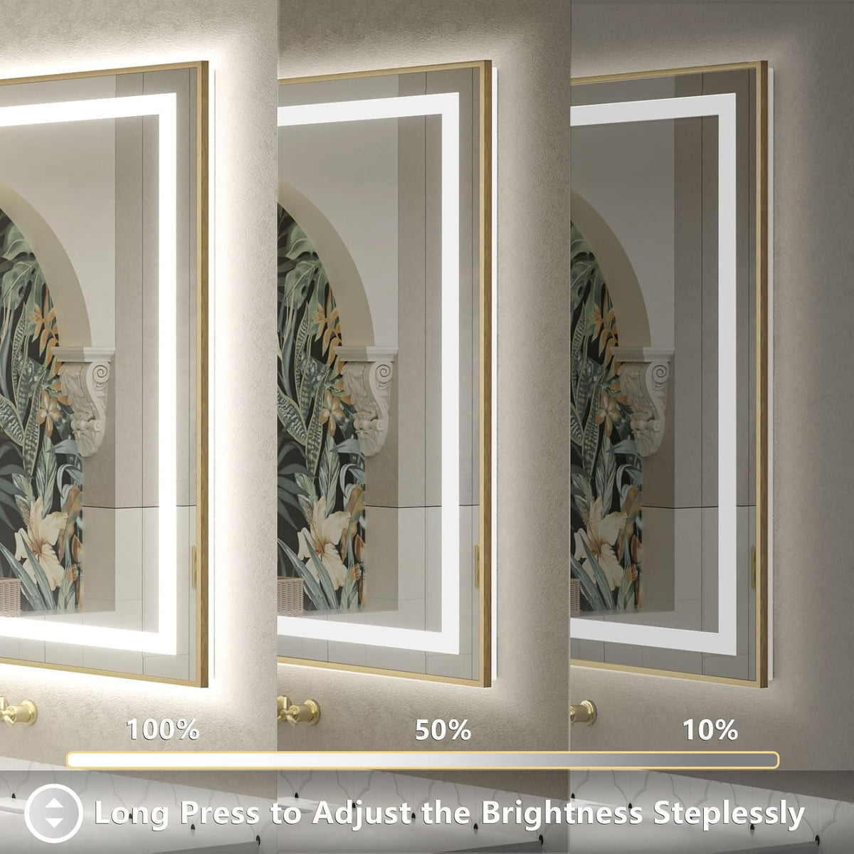 OKPAL 60x28 LED Bathroom Mirror Gold Metal Framed Front Light & Backlit, Lighted Vanity Mirror, Anti-Fog, Dimmable, 3 Colors, Shatterproof, ETL Listed, Horizontal/Vertical