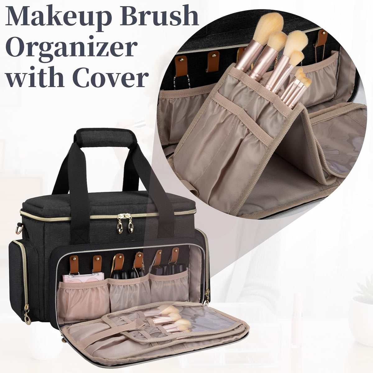 Large Makeup Bag, Portable Travel Makeup Bag Organizer for Women Girls with 2 Removable Pouches & Detachable Dividers, Cosmetic Travel Bag, Toiletry Bag for Makeup and Hair Supplies Black