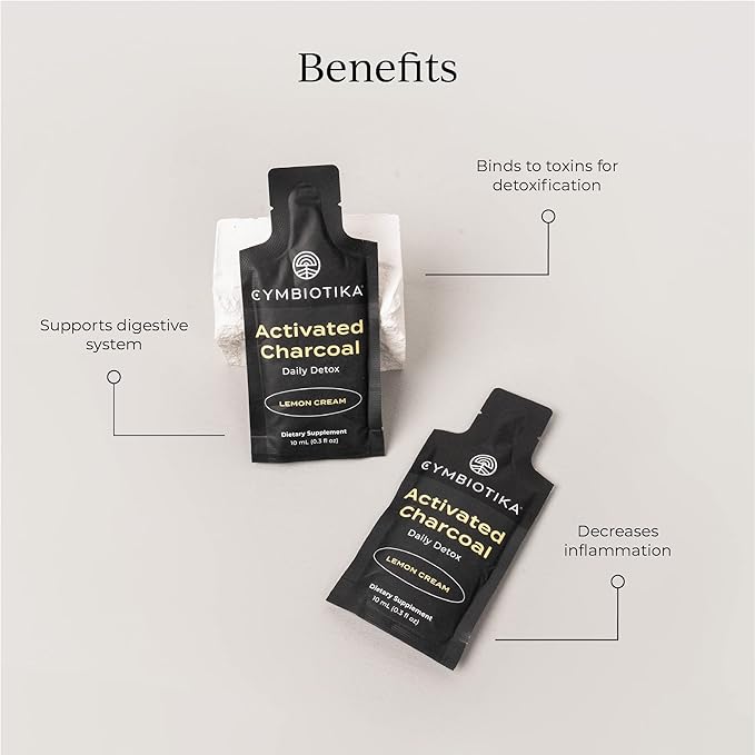 CYMBIOTIKA Activated Charcoal Liquid Supplement with Vitamin E, Gut Health & Digestive Support for Adults, Helps Cleanse, Detox, Support Gas, Bloating, Lemon Cream Flavor, Vegan, 10ml Pouches, 26 Pack