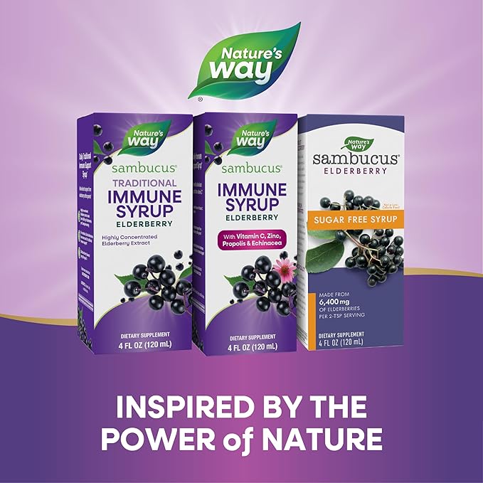 Nature's Way Sambucus Immune Syrup, Elderberry Extract, Vitamin C, Zinc, Echinacea, Propolis, Daily Immune Support*, Antioxidant Support*, Gluten free, Vegetarian, 8 Fl Oz