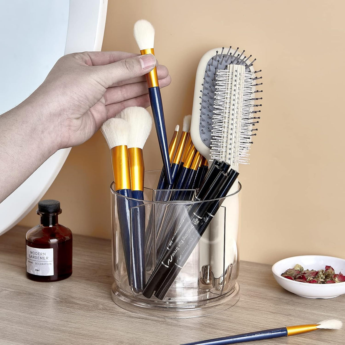 Makeup Brush Holder Organizer -Rotating 360° Clear Storage Cup Containers for Vanity, Desk, Countertop, Spinning Pen Holder for Desk, Round Make up Brush Stand with 5 Slots, for Cosmestics (Clear)