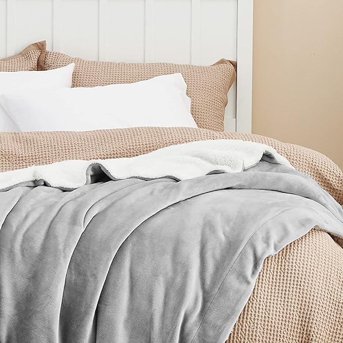 Bedsure Sherpa Fleece Blankets Queen Size for Bed - Thick and Warm, Soft Fuzzy Plush Queen Blanket for Winter, Light Grey, 90x90 Inches
