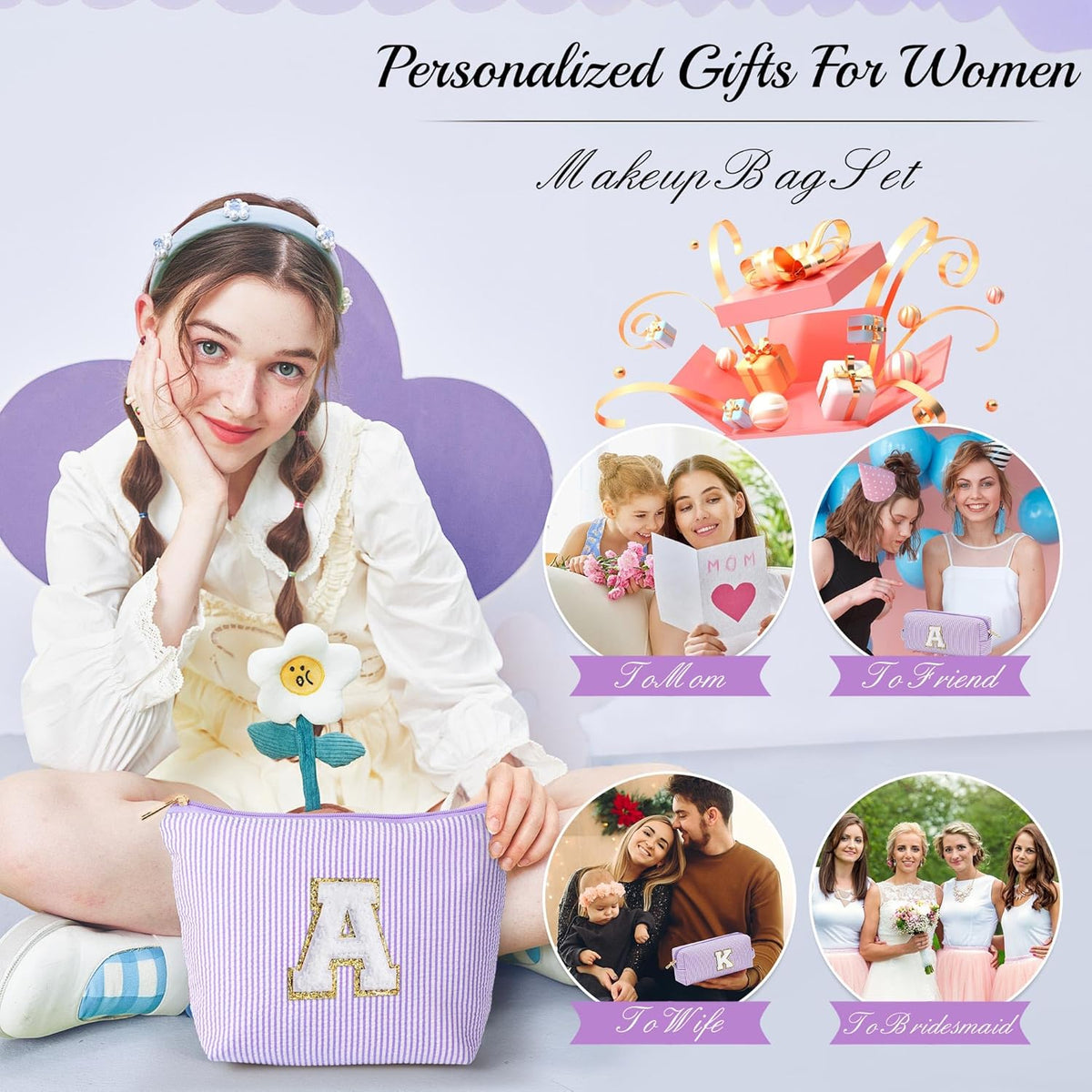 YOOLIFE Birthday Gifts for Kids - Personalized Monogram Makeup Bag Cosmetic Bag Travel Toiletry Bag | Makeup Bag for Girls Teen Girl Friend Sister Wife Girlfriend Daughter Gifts Purple A