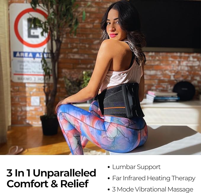 FlexiHeat Massaging Heating Belt/Pad with Graphene, 3 Intensity Modes, 3 Levels of Far Infrared Heating Therapy, Portable, for Lower Back Pain, Cramps, Etc. Flexible & Fully Adjustable