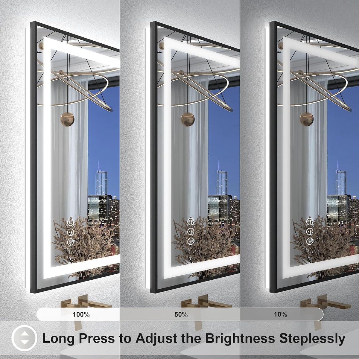 OKPAL 44x36 Lighted Bathroom Mirrors, Black Framed LED Bathroom Mirror, Defogger, Dimmable, Shatterproof, Memory, 3 Colors, ETL Listed (Front Light and Backlit)