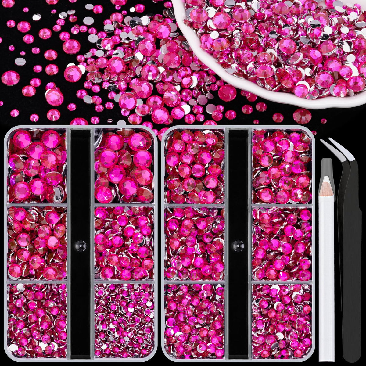 Resin Rhinestones for Crafting, 2 Boxeses Hot Pink Multi Sizes Flatback Bedazzling Crystals for Crafts Nail Art Deco, Non Hotfix Gems Charms for Tumbler Shoes Clothing Fabric Face Makeup