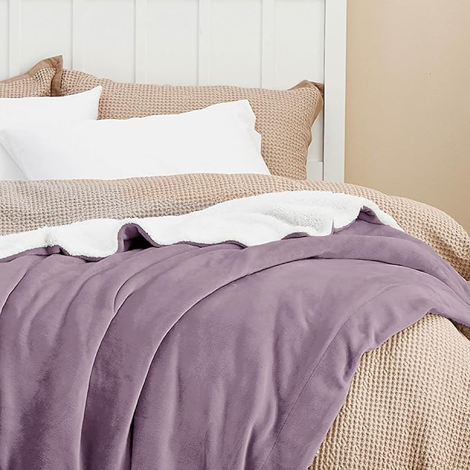 Bedsure Sherpa Fleece Blankets Queen Size for Bed - Thick and Warm, Soft Fuzzy Plush Queen Blanket for Winter, Sea Fog Purple, 90x90 Inches