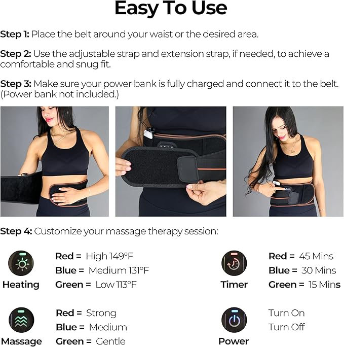 FlexiHeat Massaging Heating Belt/Pad with Graphene, 3 Intensity Modes, 3 Levels of Far Infrared Heating Therapy, Portable, for Lower Back Pain, Cramps, Etc. Flexible & Fully Adjustable