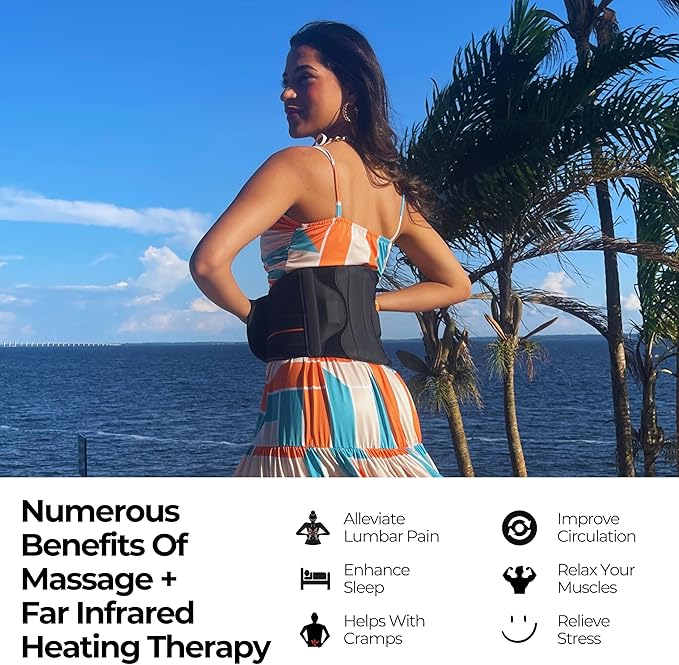 FlexiHeat Massaging Heating Belt/Pad with Graphene, 3 Intensity Modes, 3 Levels of Far Infrared Heating Therapy, Portable, for Lower Back Pain, Cramps, Etc. Flexible & Fully Adjustable
