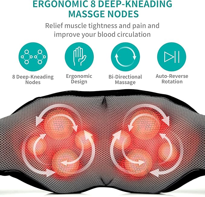 Nekteck Shiatsu Neck and Back Massager with Soothing Heat, Electric Deep Tissue 3D Kneading Massage Pillow for Shoulder, Leg, Full Body Muscle Pain Relief, Car, Office and Home Use