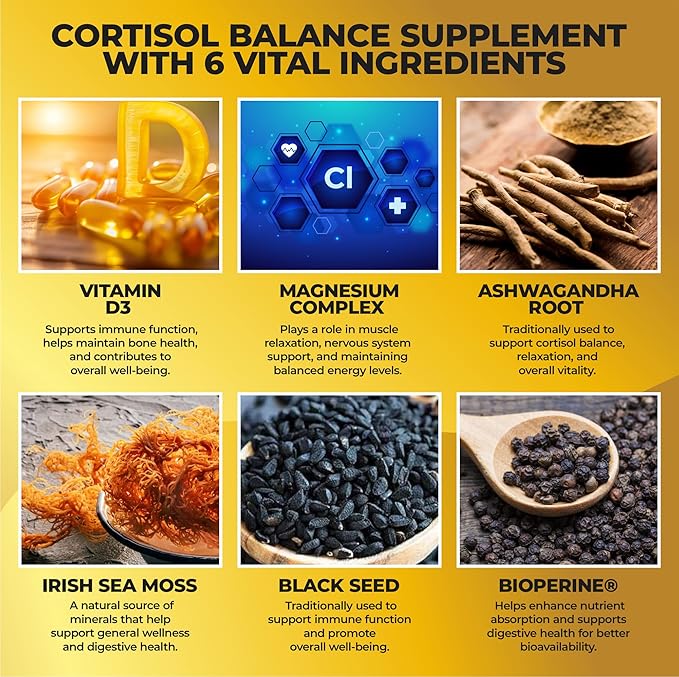 Cortisol Balance and Immune Support Supplement with Ashwagandha, Irish Sea Moss, Black Seed, Vitamin D and Magnesium Complex | Mood Enhancer | Immunity Booster | Stress Relief Pills | 90 Capsules