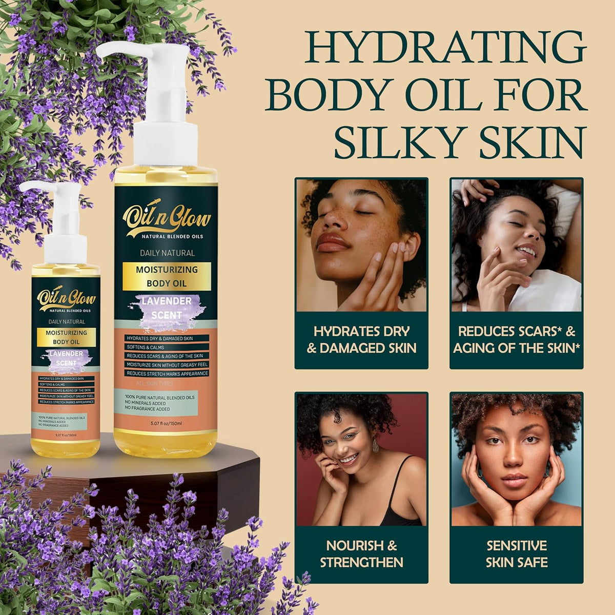 USDA Certified Organic Pure Natural Hydrating Body Oil After Shower With Coconut, Jojoba, Olive & Almond Non-Greasy Moisturizing Oil For Women & Men Dry Skin 5.07 fl oz/150ml- Lavender Scent