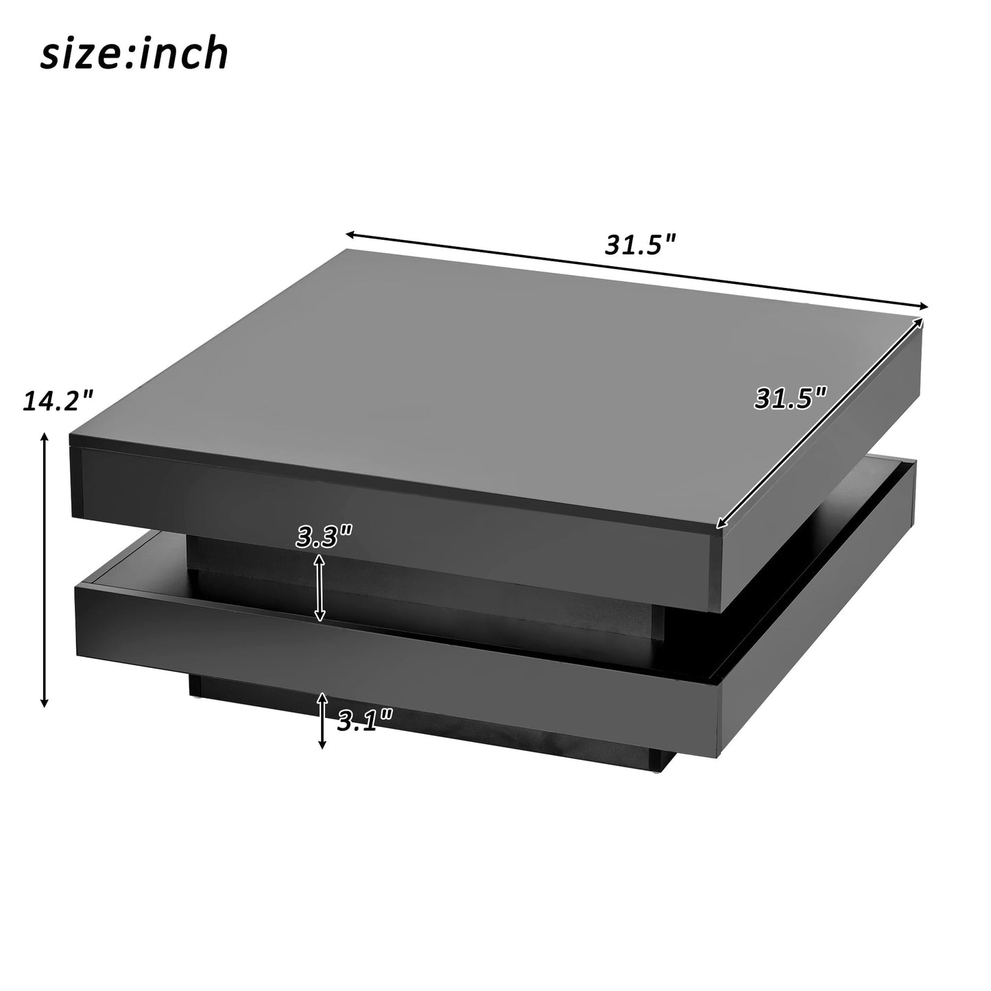 High Gloss Minimalist Design with LED Lights, 2-Tier Square Coffee Table, Center Table for Living Room